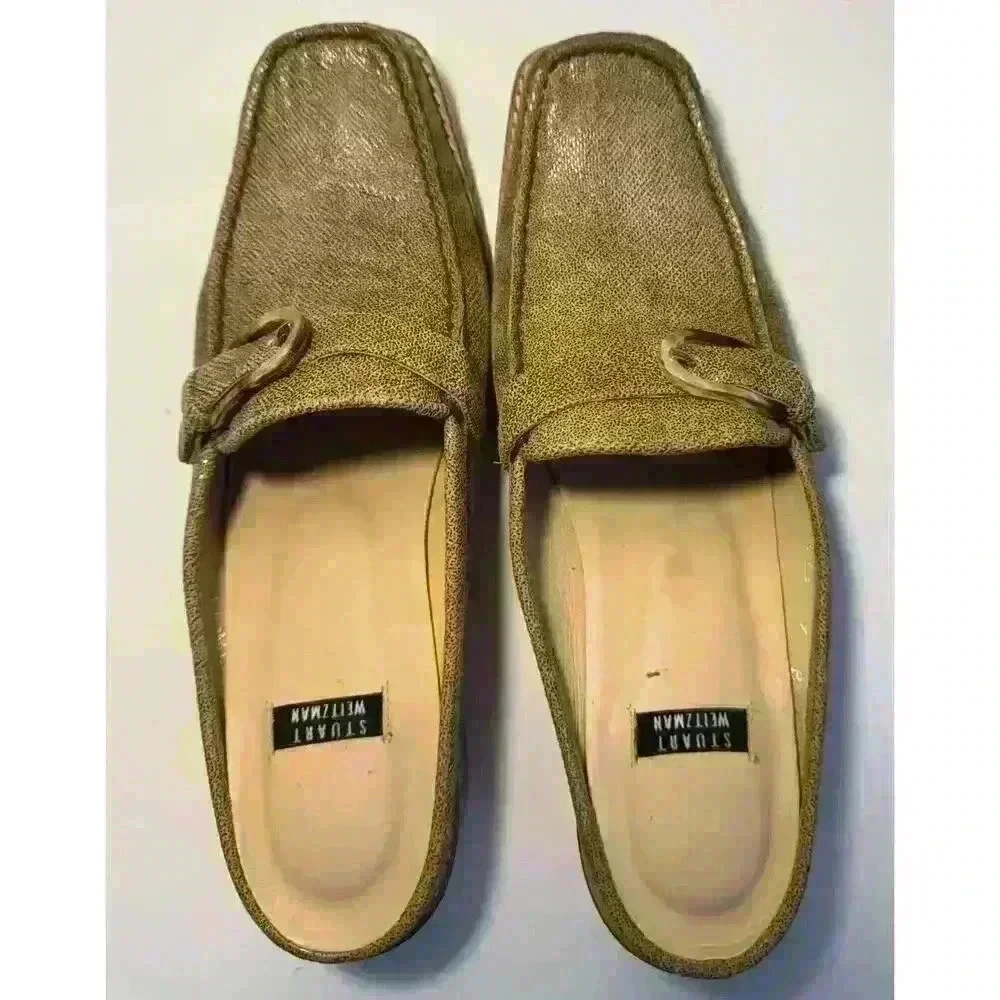 Stuart Weitzman Slide Women 7B Tan Beige Fabric Slip On Buckle Block Heel Spain